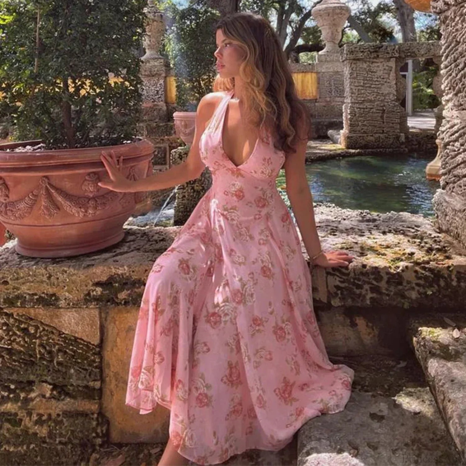 Floral Print Waist Wrap A-line Vacation Dress vacationdress-250223