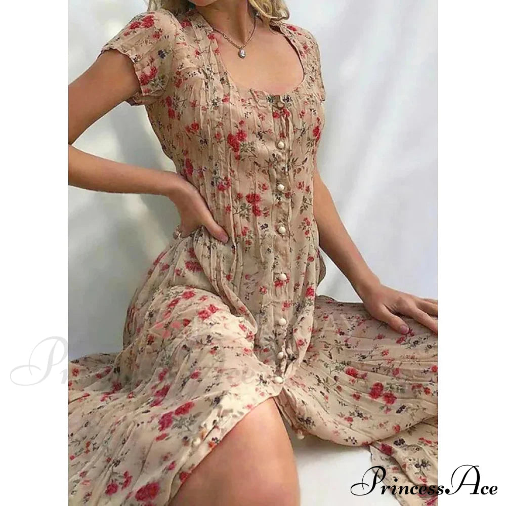 Women's Shift Short Sleeve Floral Print Dress Beige __stock:200 casual dresses clothes dresses refund_fee:1200