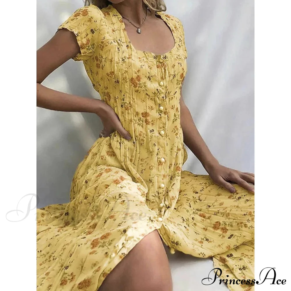 Women's Shift Short Sleeve Floral Print Dress Yellow __stock:200 casual dresses clothes dresses refund_fee:1200