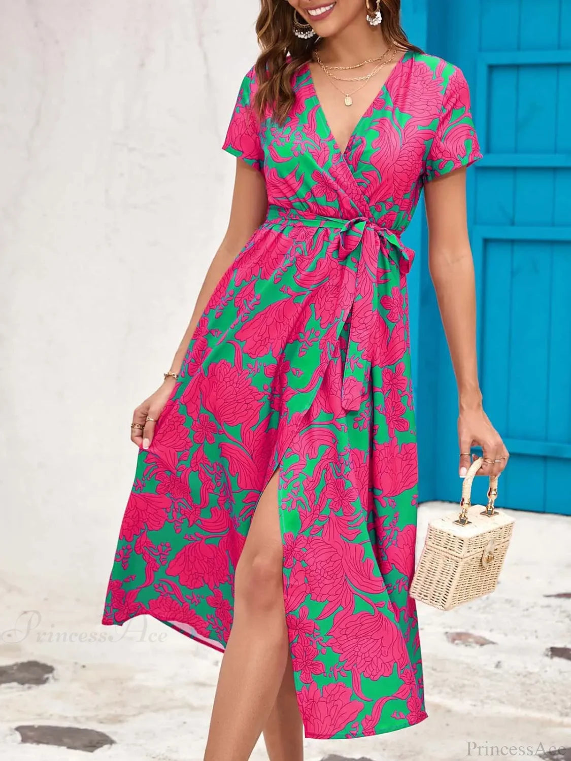 Floral Printed V-neck Summer Dress Pink1 / S oldfloraldress-250126
