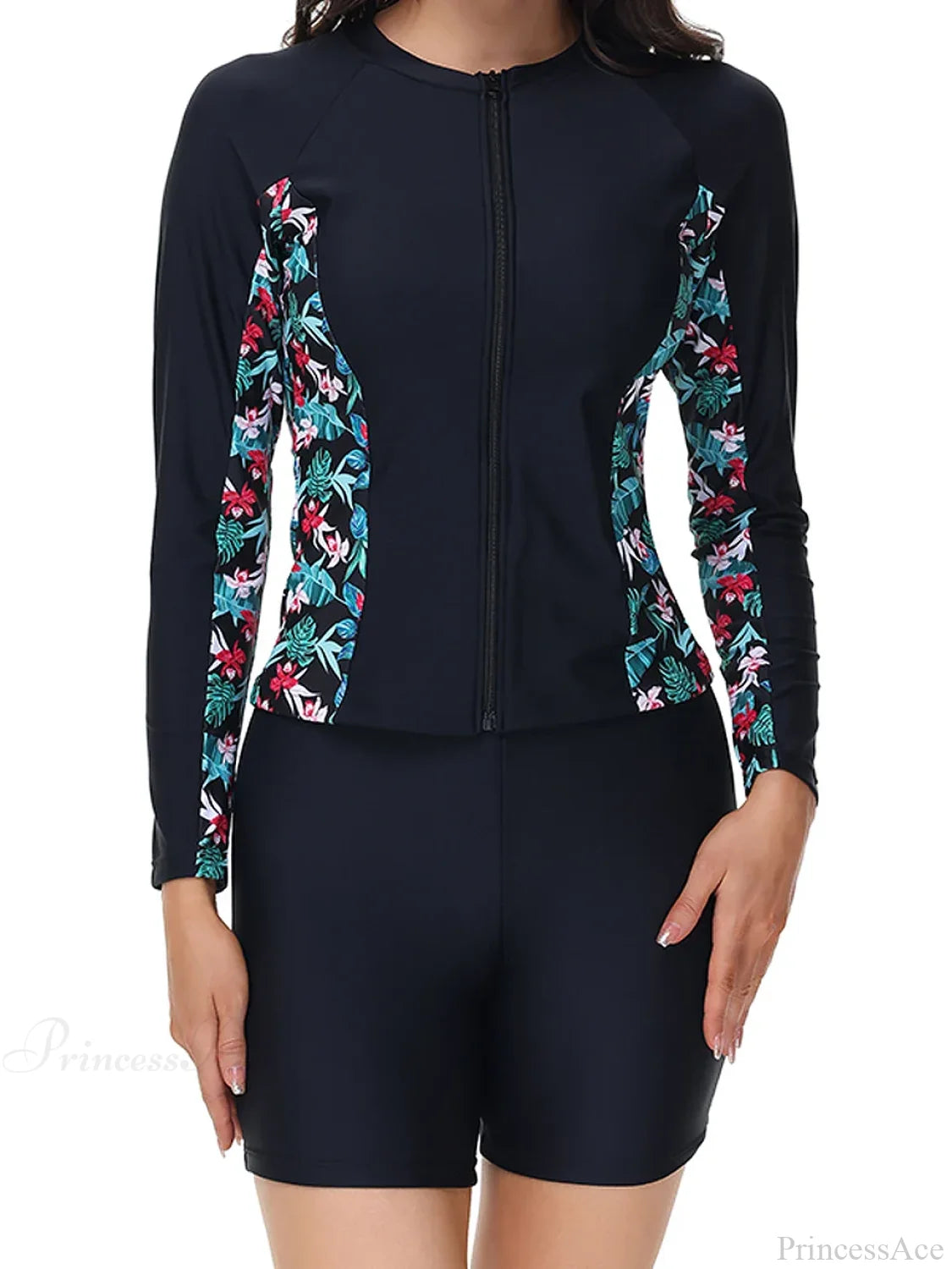 Floral Rashguard Surf Suit Two Piece Set Green Leaves / S