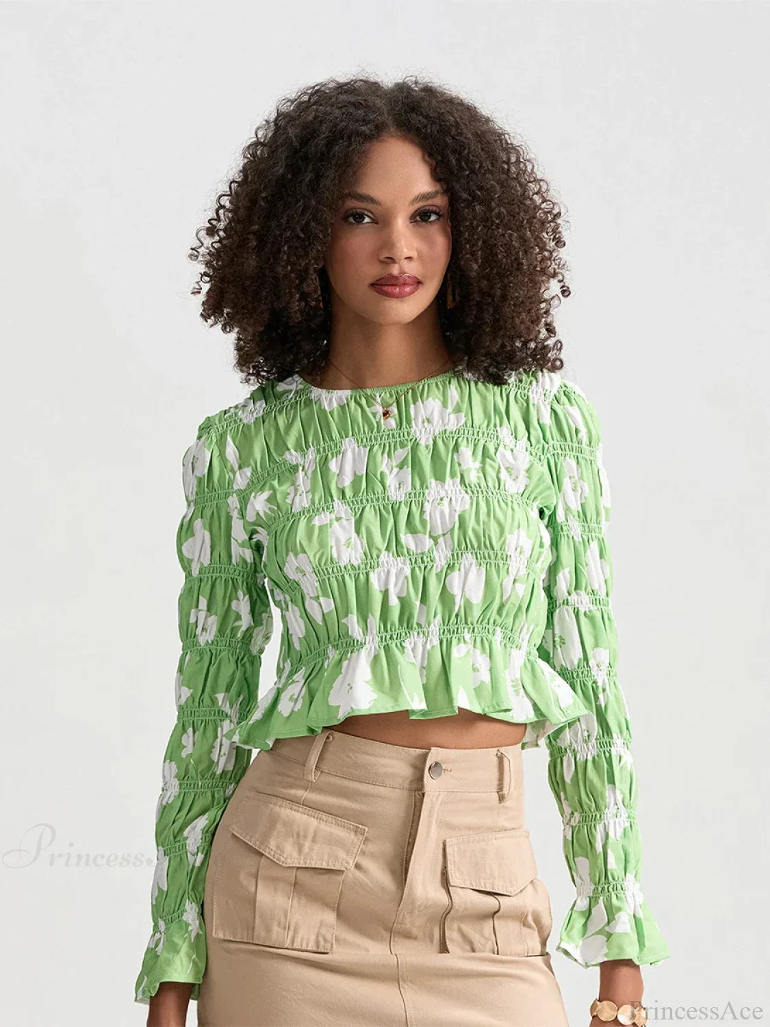 Floral Ruched Boat Neck Long Sleeve Crop T-shirt croptop-250126