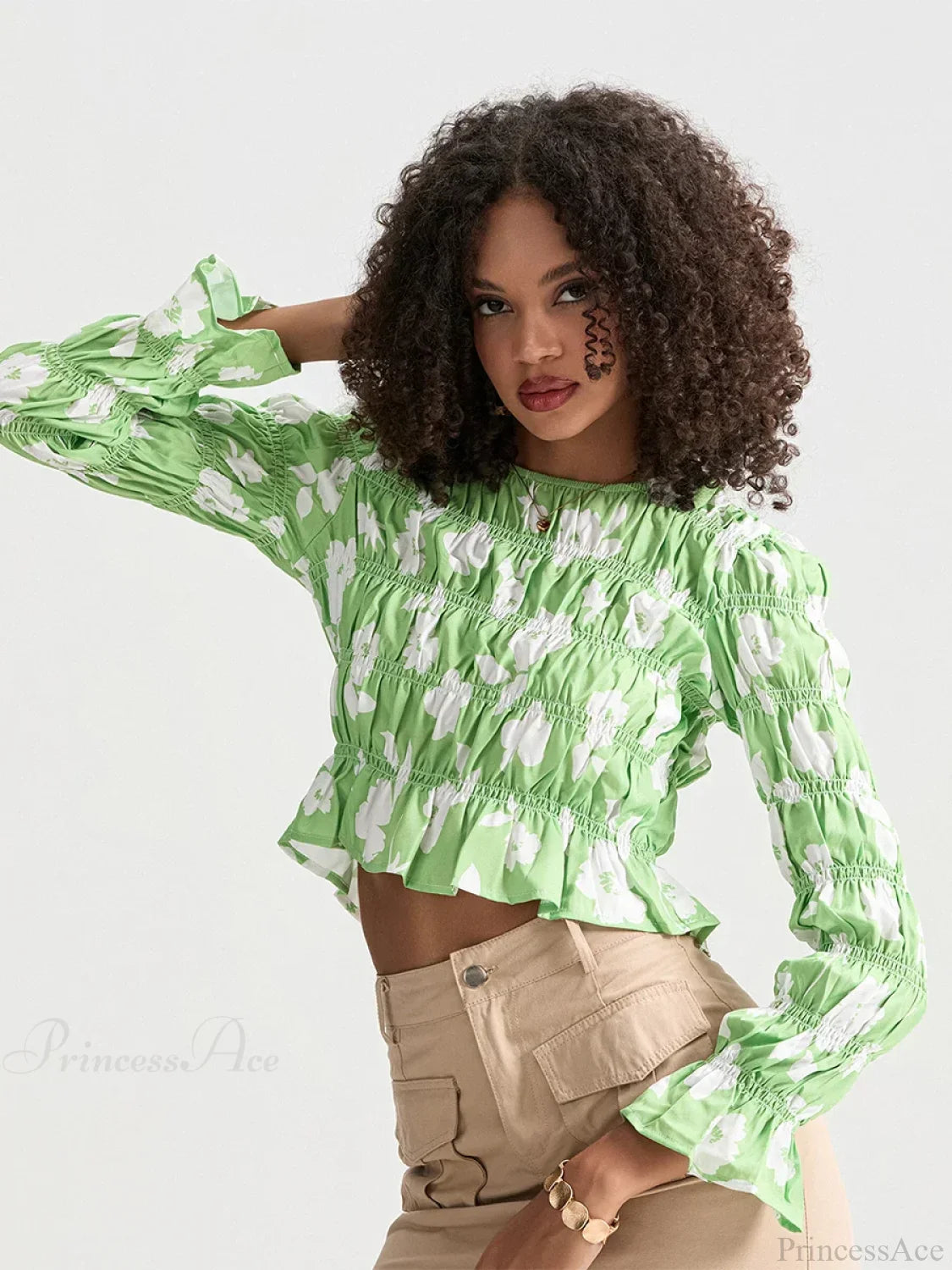 Floral Ruched Boat Neck Long Sleeve Crop T-shirt croptop-250126