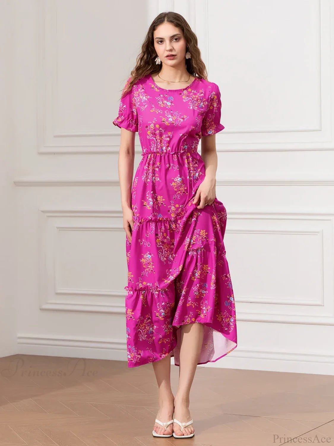 Floral Ruched Tiered Puff Sleeve Pleated Flowy Long Floral Dress Rose Red / S floraldress-250126