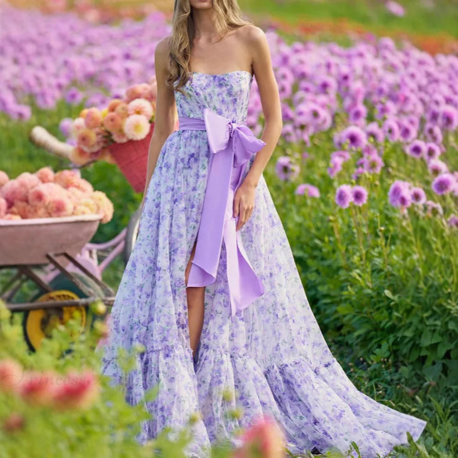 Floral Ruffle V-Neck High Hem Prom Dress promdress-250223