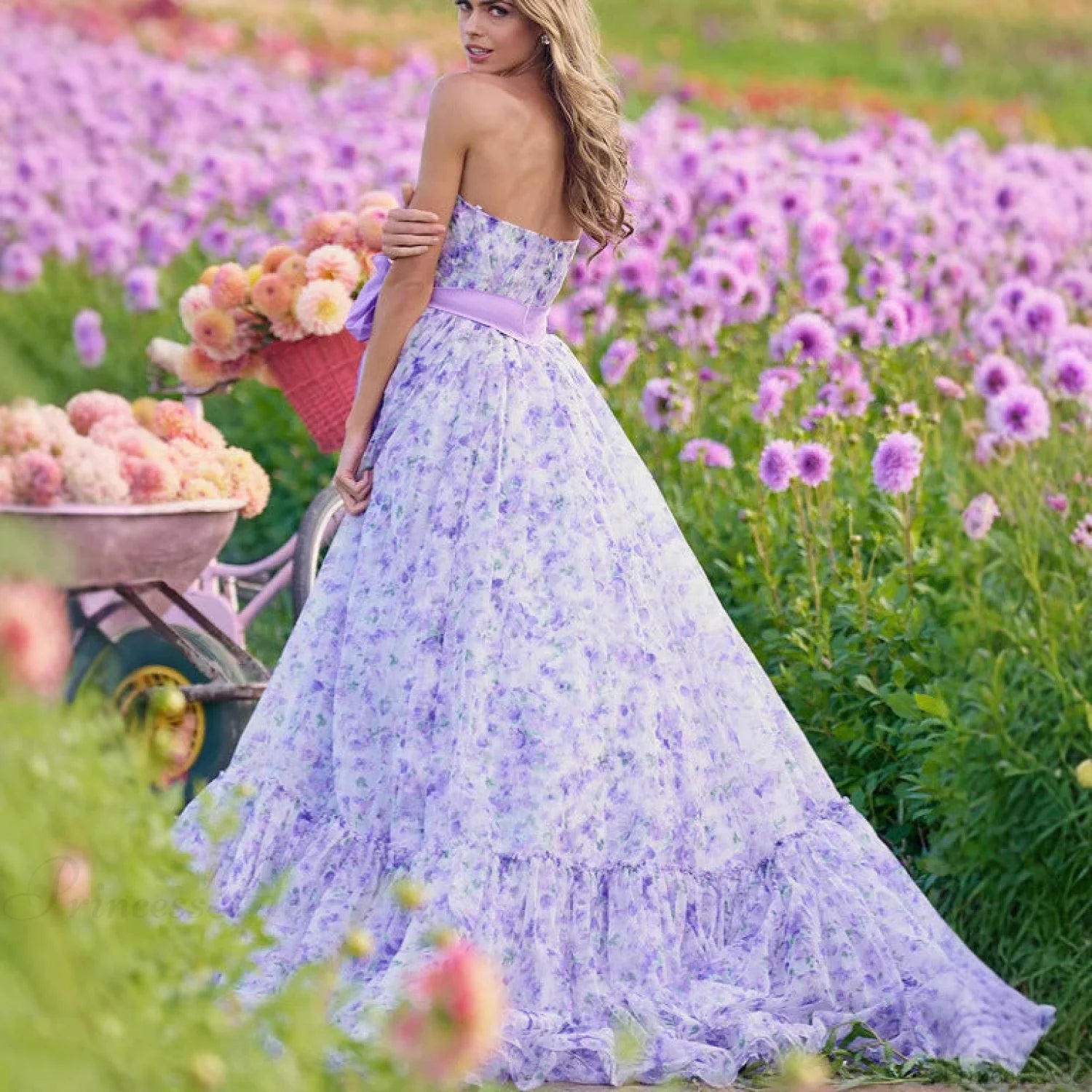 Floral Ruffle V-Neck High Hem Prom Dress promdress-250223