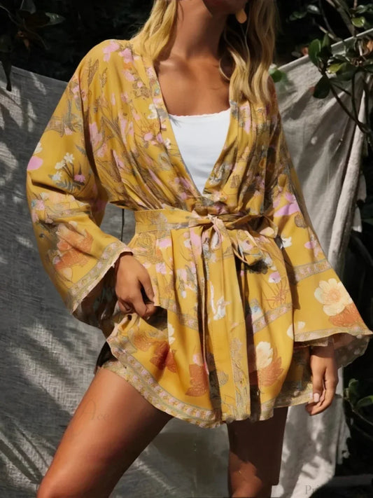 Floral Sashes Bat Sleeve Boho Kimono Dress Yellow / S