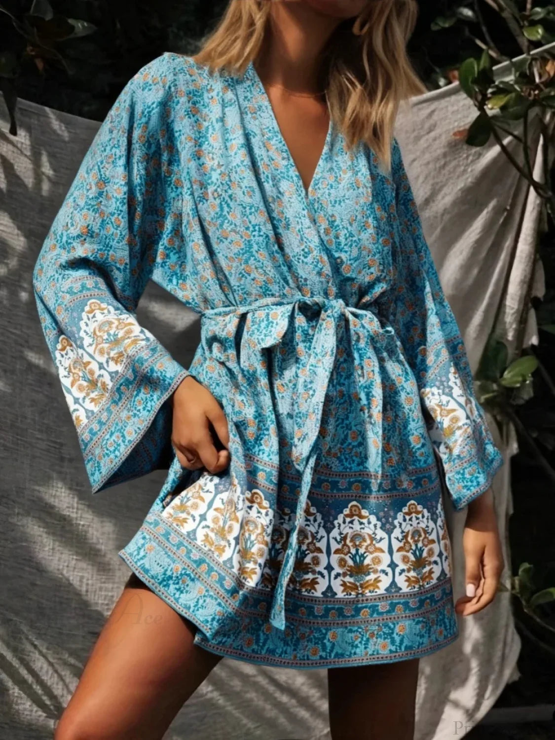 Floral Sashes Boho Kimono Bikini Cover-up Green / S bohodress-250126