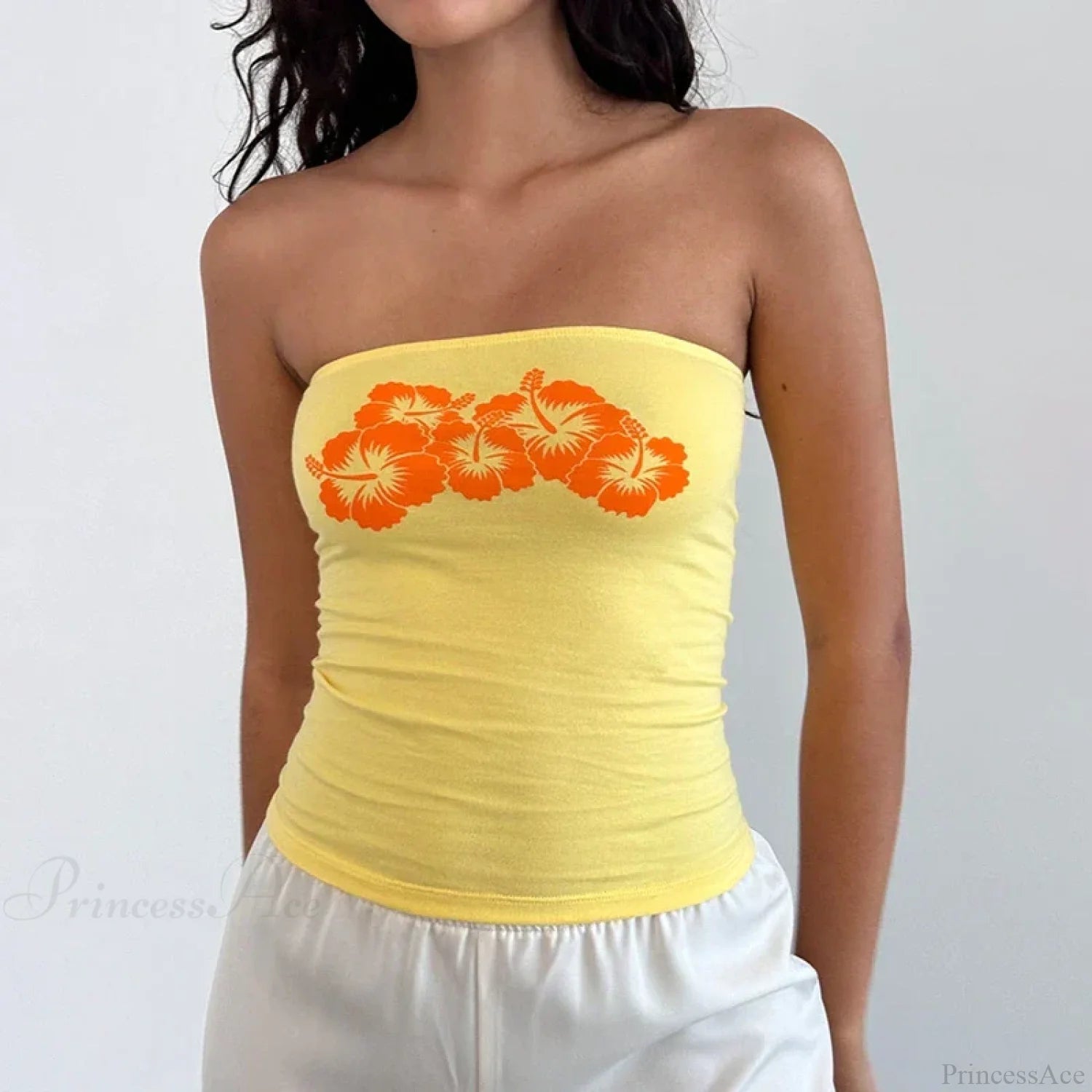 Floral Strapless Bandeau Backless Sleeveless Fairy Coquette Off Shoulder Crop Top Yellow / S croptop-250126