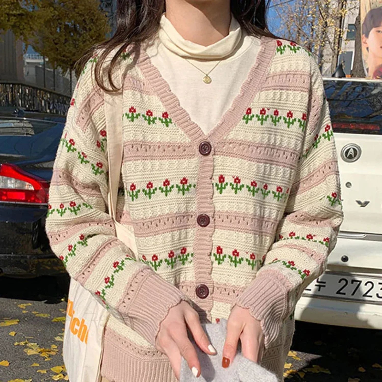 Floral Striped Textured Button Front Cardigan cardiagn-250126