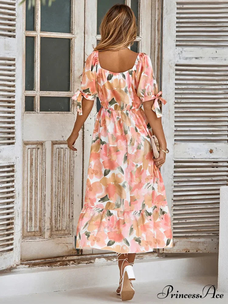 Floral Tie Cuff Dress With Surplice Neck Long Print Beach Dress