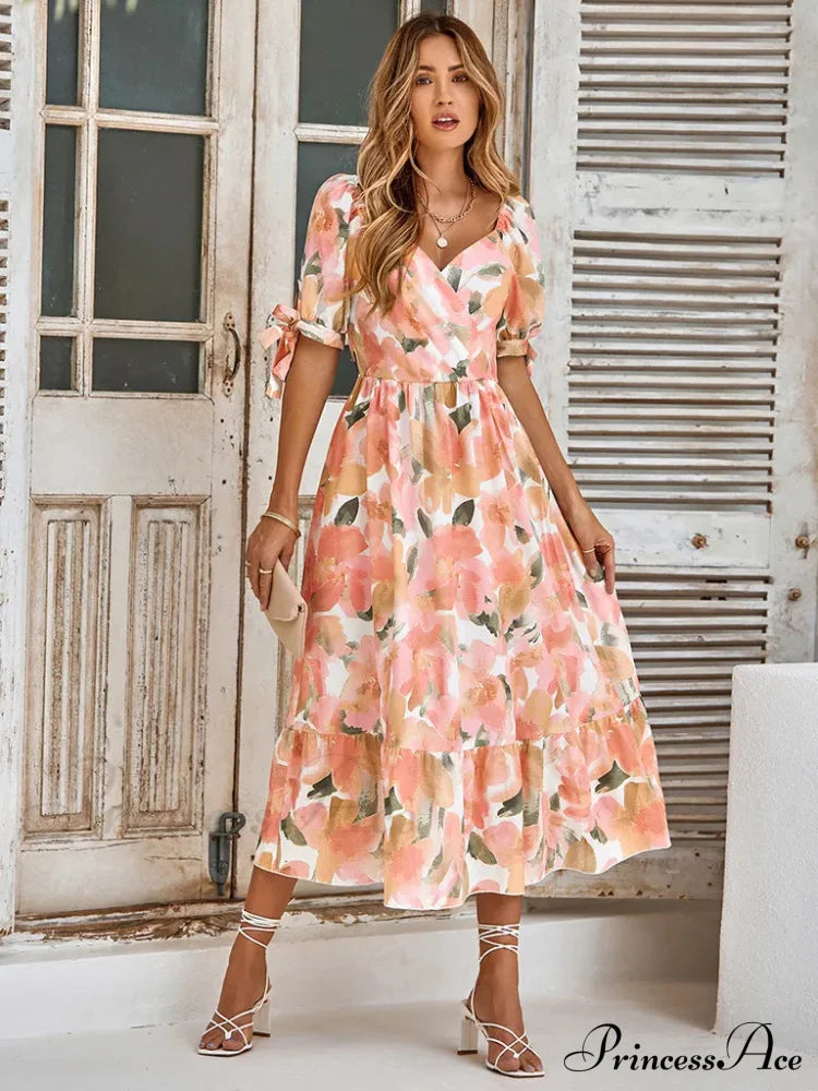 Floral Tie Cuff Dress With Surplice Neck Long Print Beach Dress