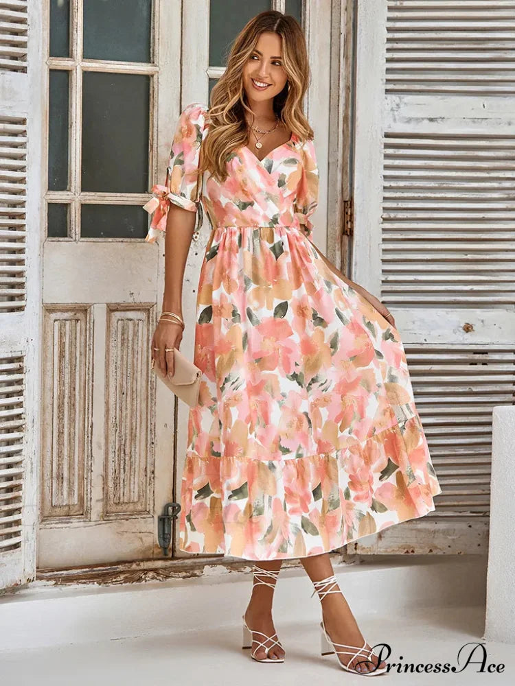 Floral Tie Cuff Dress With Surplice Neck Long Print Beach Dress