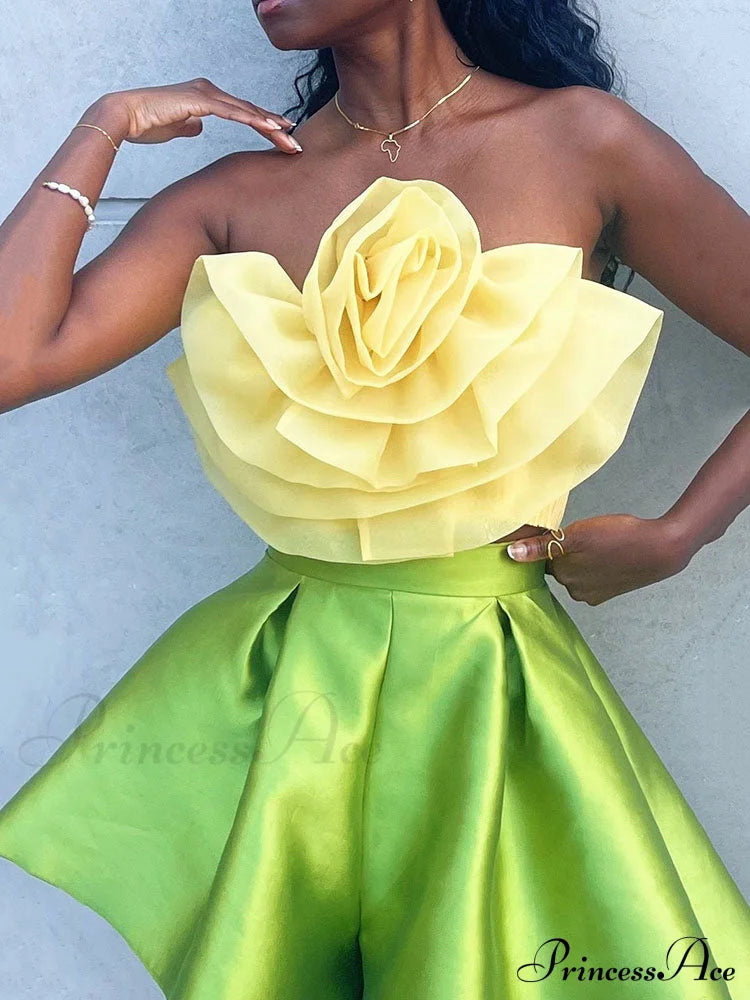 Floral Tie Strap Sheer Lace Mesh Sophisticated Scalloped Crop Tube Top - Lilac Yellow / S Shirts &