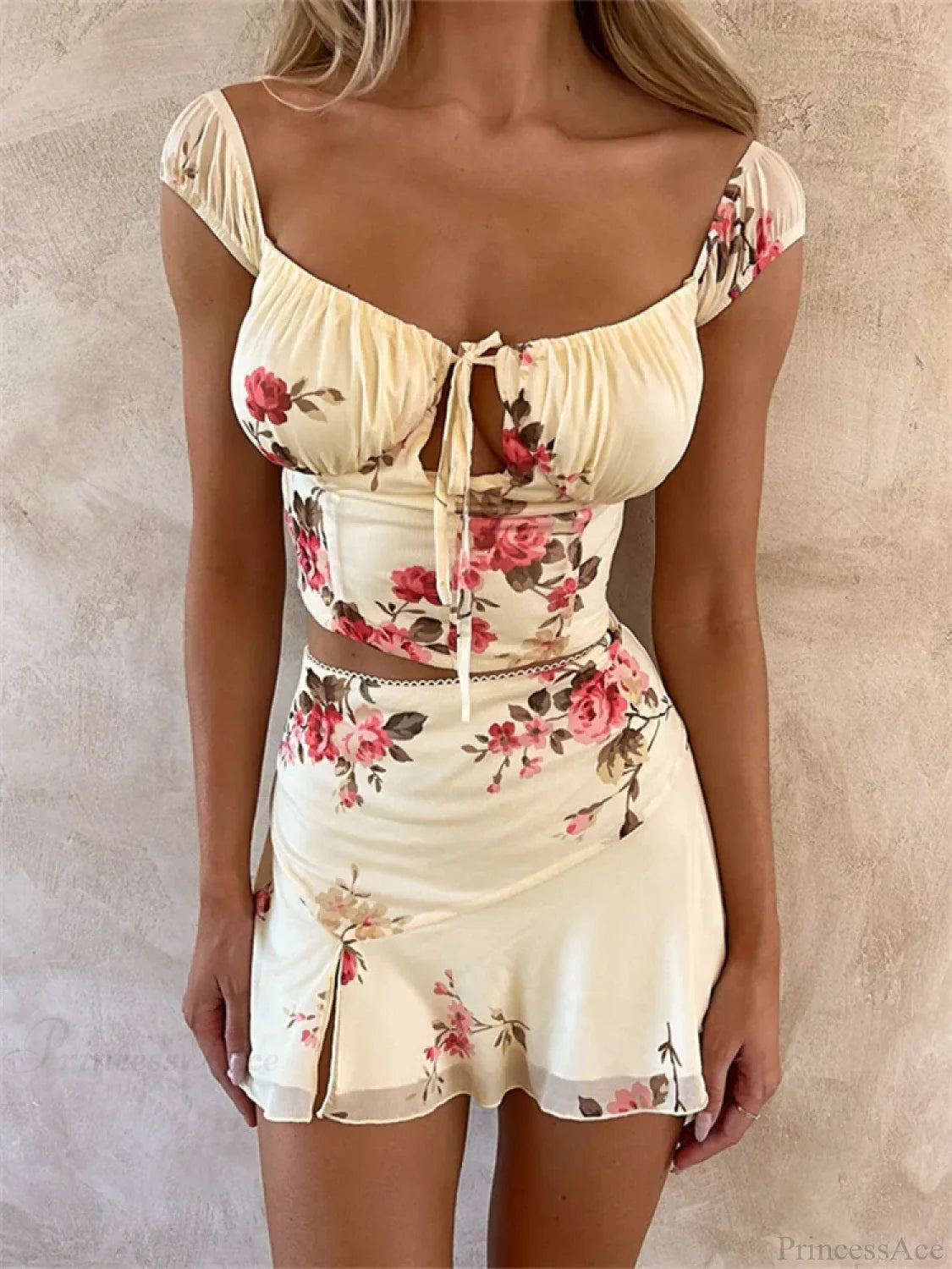 Floral Tie-up Corset Crop Top with Mini Skirt Summer Beach Party Set twopiecesset-250126