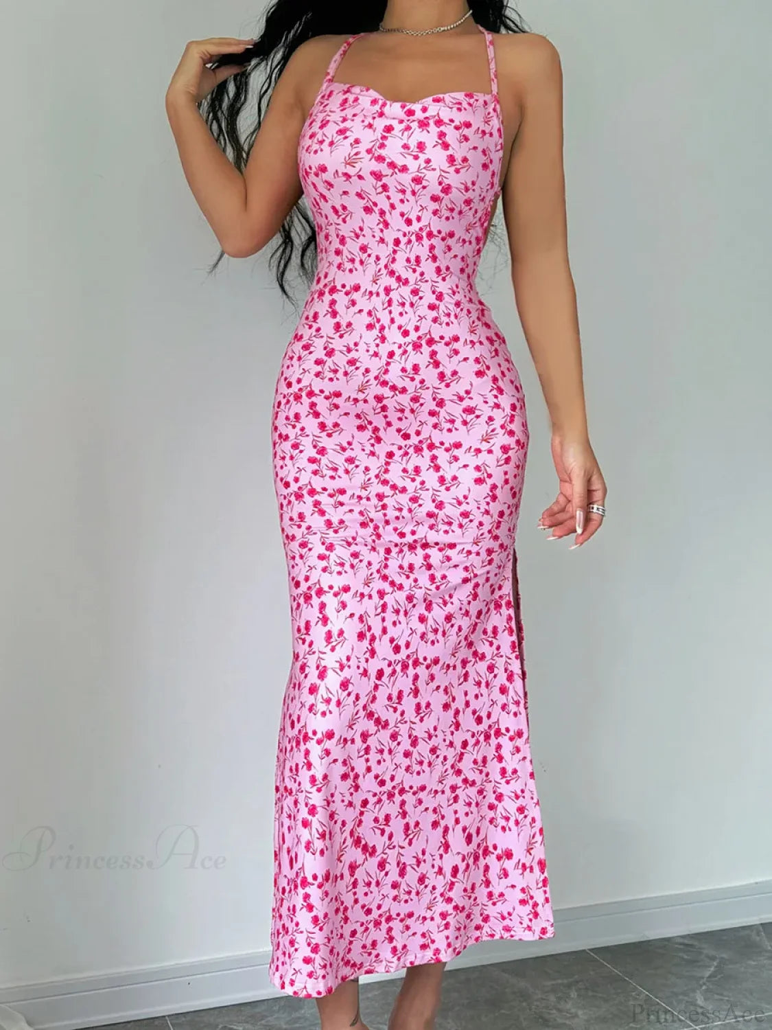 Floral Tied Backless Halter Split Floral Dress Pink / S floraldress-250126