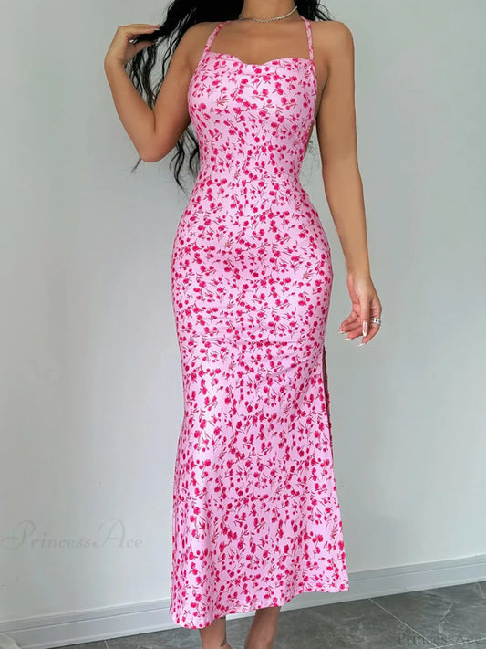 Floral Tied Backless Halter Split Floral Dress Pink / S floraldress-250126
