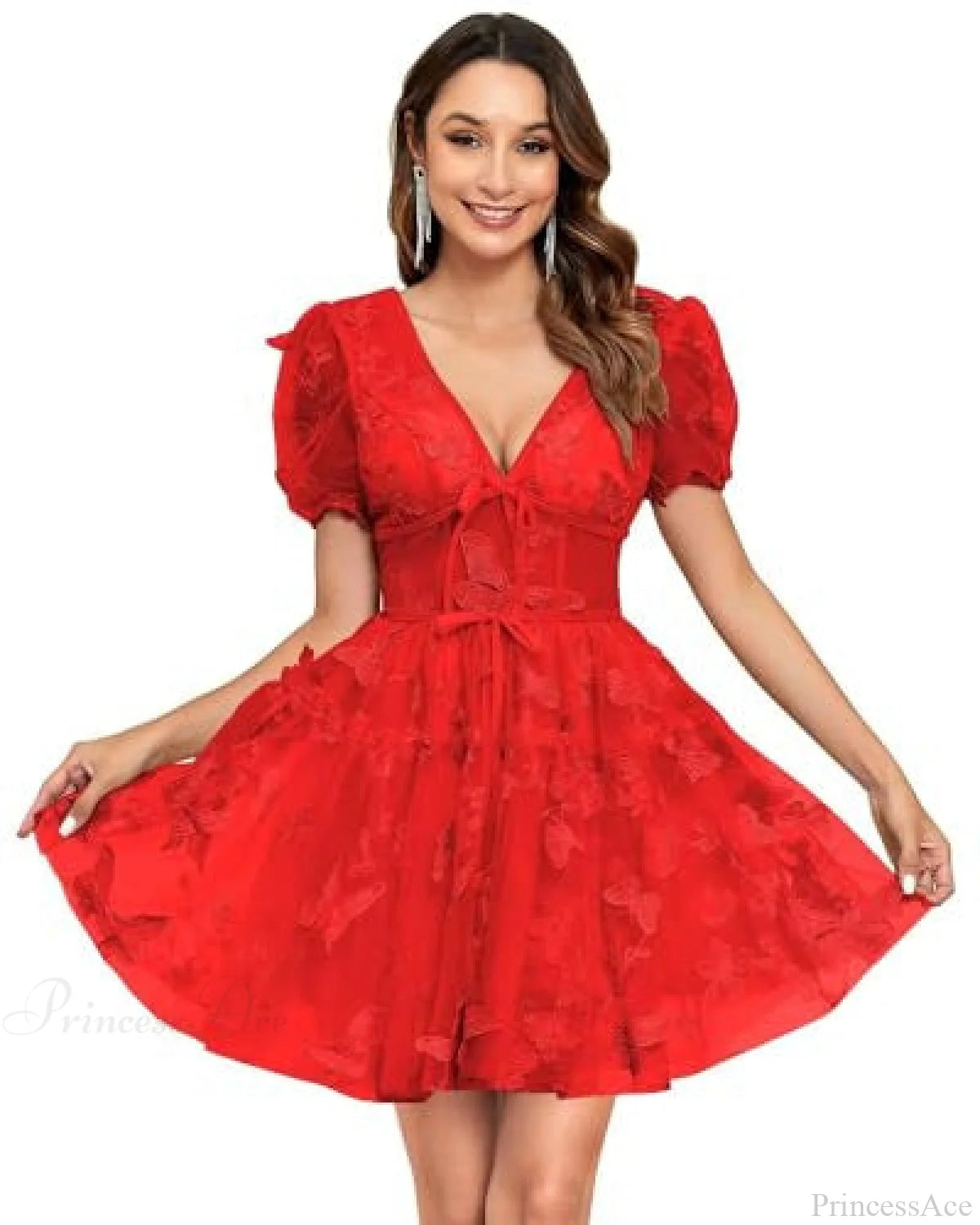 Floral V-Neck Short Wedding Dress red1 / US 2 weddingdress-250223