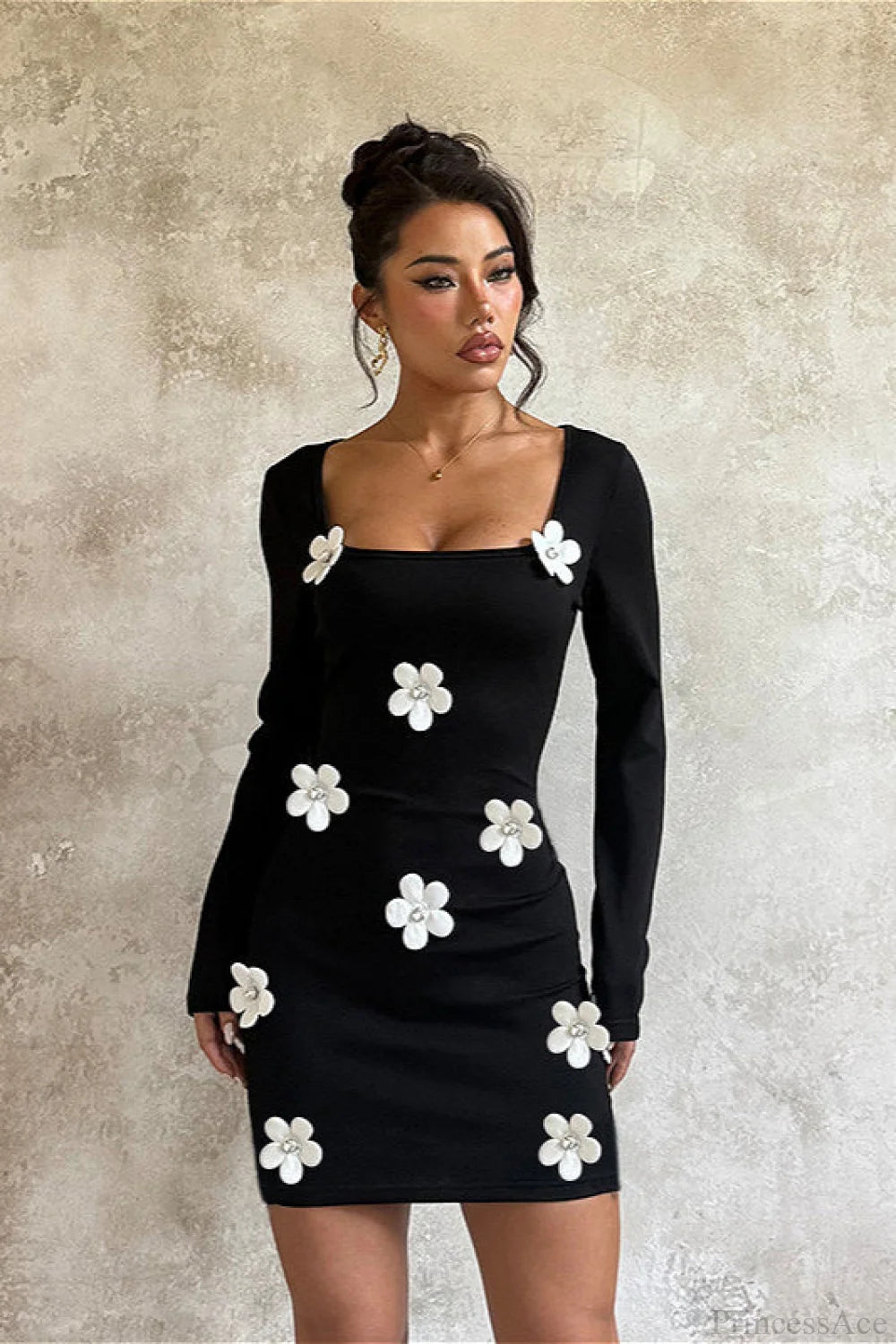 Floral Waist Slim Sexy Long Sleeve Bodycon Mini Dress