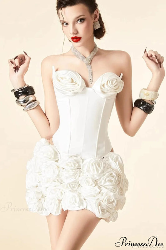 Floral White Bandage Bustier Party Dress White / XS