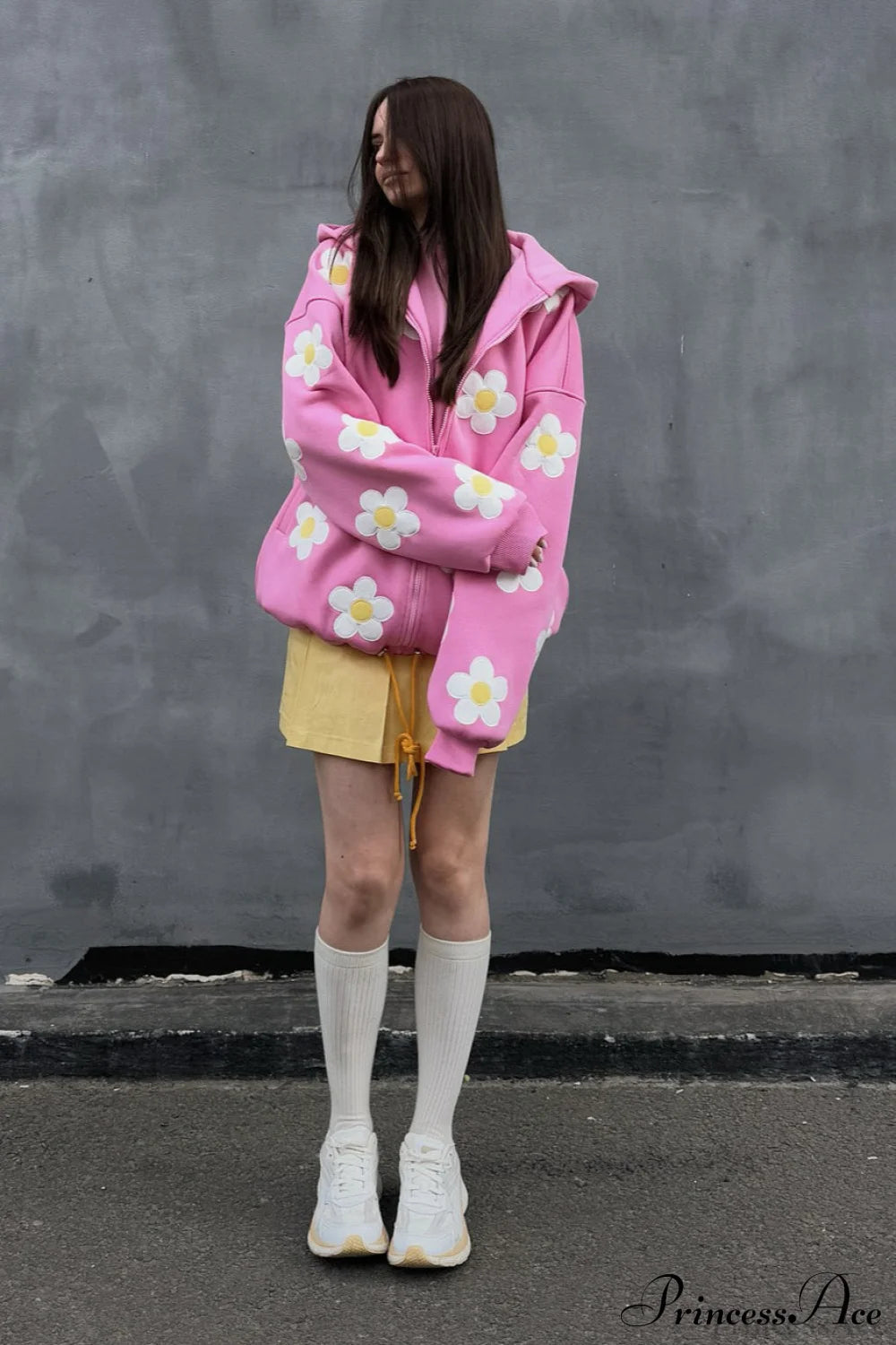 Flower Applique Loose Zip Hoodie