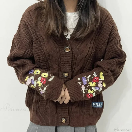 Flower Embroidered Y2K Cardigan brown / S