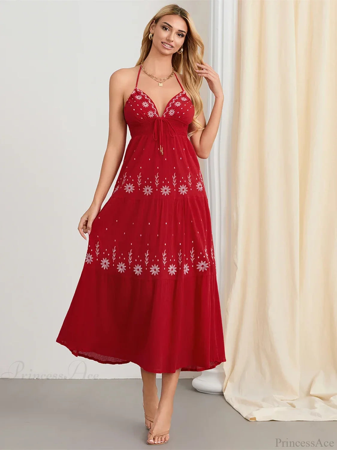 Flower Embroidery Tie-Up Halter Boho Backless A-Line Beach Dress RED / S floraldress-250126
