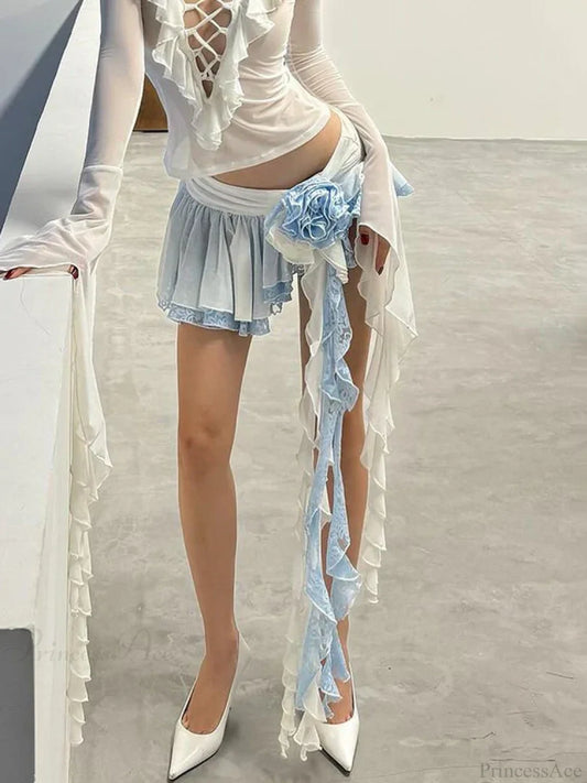 Flower Lace Mini Skirt Asymmetrical Ruffle High Street Skirt Blue / S skirt-250126