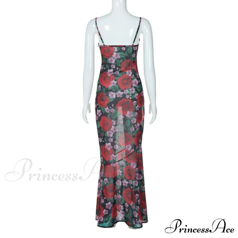 Flower Print Mesh Charming Slip Maxi Dress