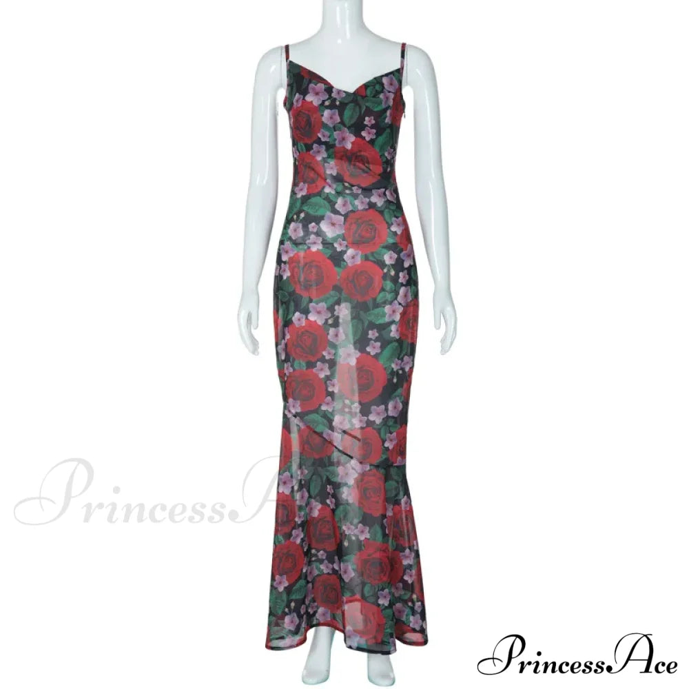Flower Print Mesh Charming Slip Maxi Dress