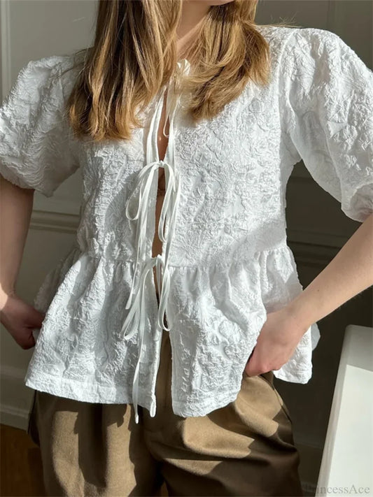 Flower Ruched Front Tie-Up Blouse blouse-250223