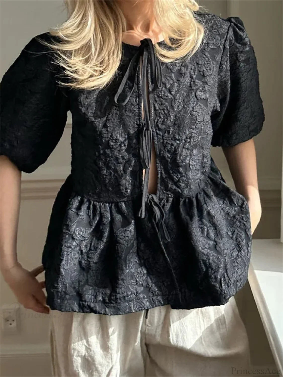Flower Ruched Front Tie-Up Blouse black / S blouse-250223
