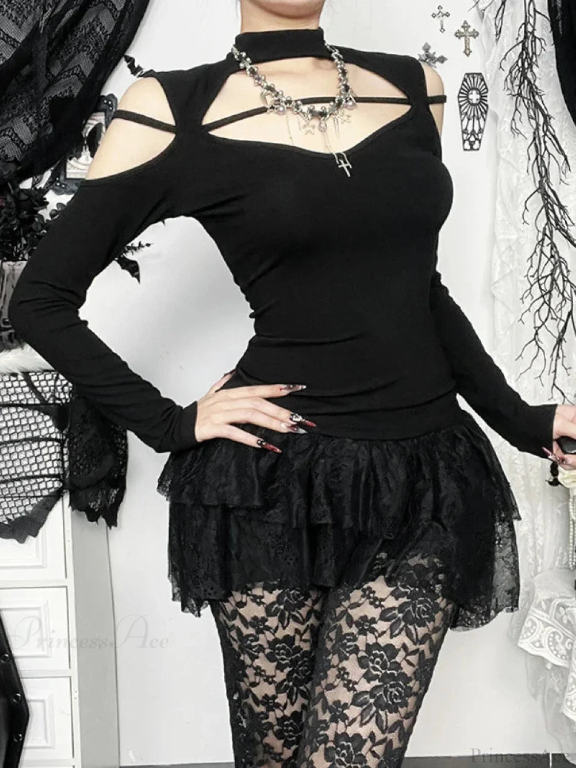 Flower Square Collar Knitted Top Black / XS