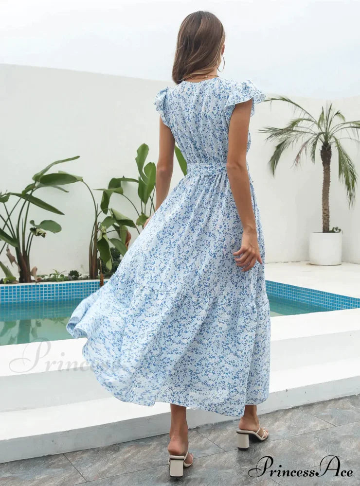 Flowered Brief Arm Chiffon V-Neck Patterned Dress M / Blue Dresses