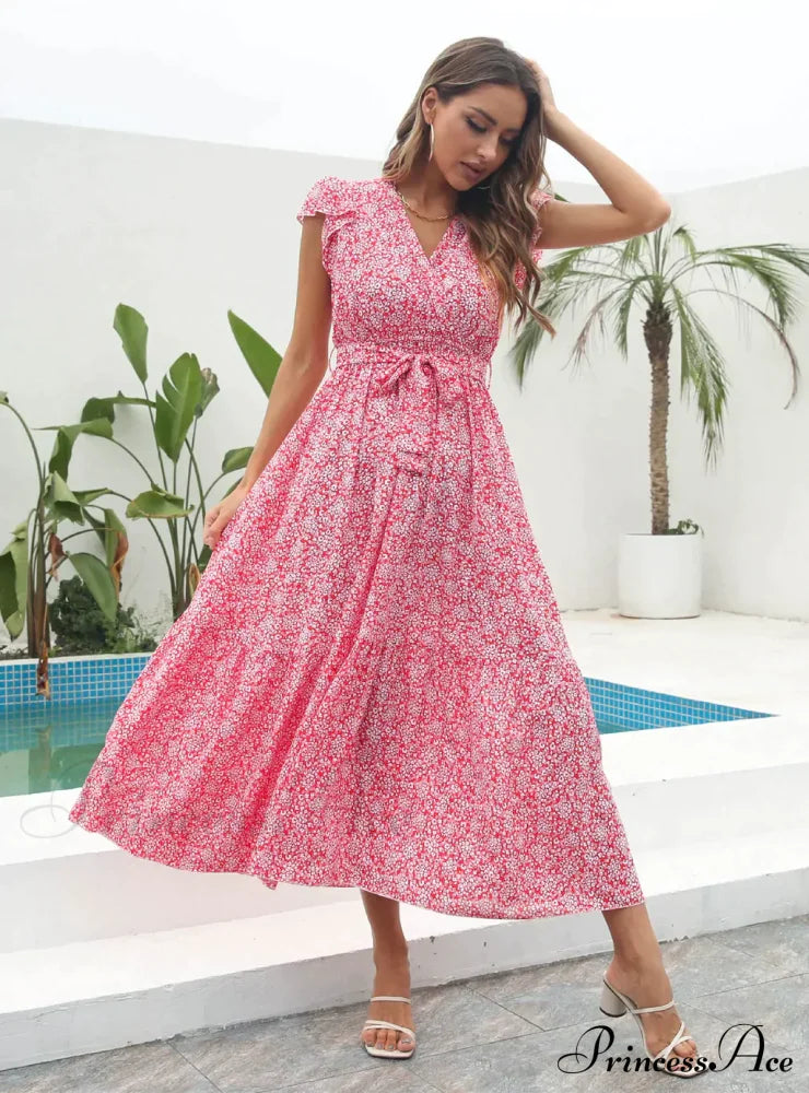 Flowered Brief Arm Chiffon V-Neck Patterned Dress M / Green Dresses