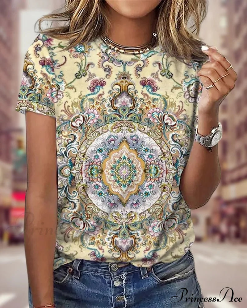 Floral Print T-shirt with Short Sleeves Yellow 23BF clothes Short Sleeve Tops Spring Summer T-shirts Tops/Blouses