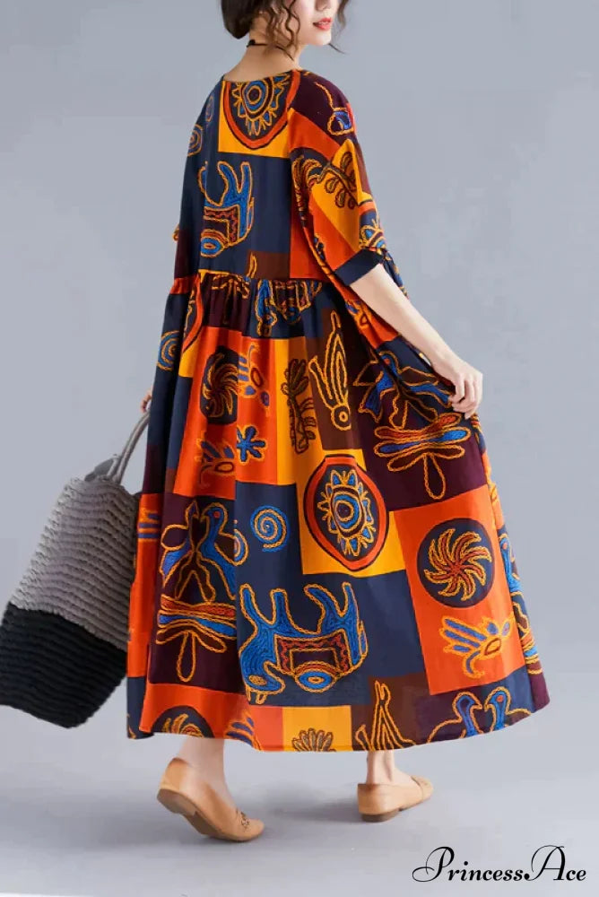 Flowered Gown Full-Length Cotton Bohemian In Fabric Loose Print Causal Dress