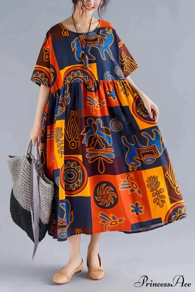 Flowered Gown Full-Length Cotton Bohemian In Fabric Loose Print Causal Dress