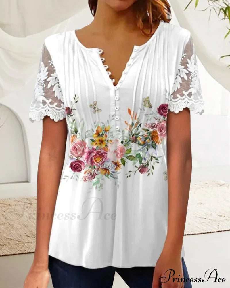 Flowered Lace T-Shirt With Brief Sleeves T-Shirts