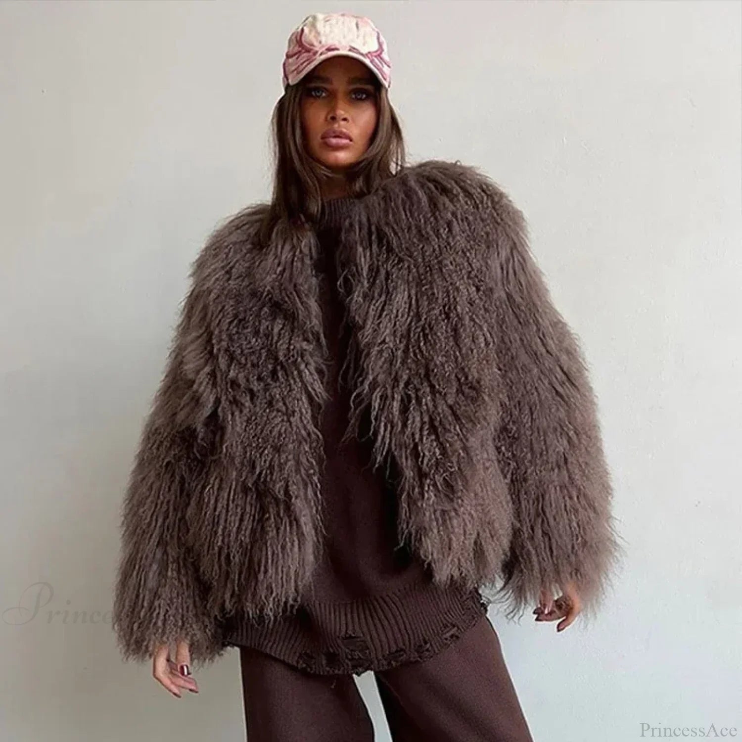 Fluffy Tassel Oversize Long Sleeve Coat Brown / S