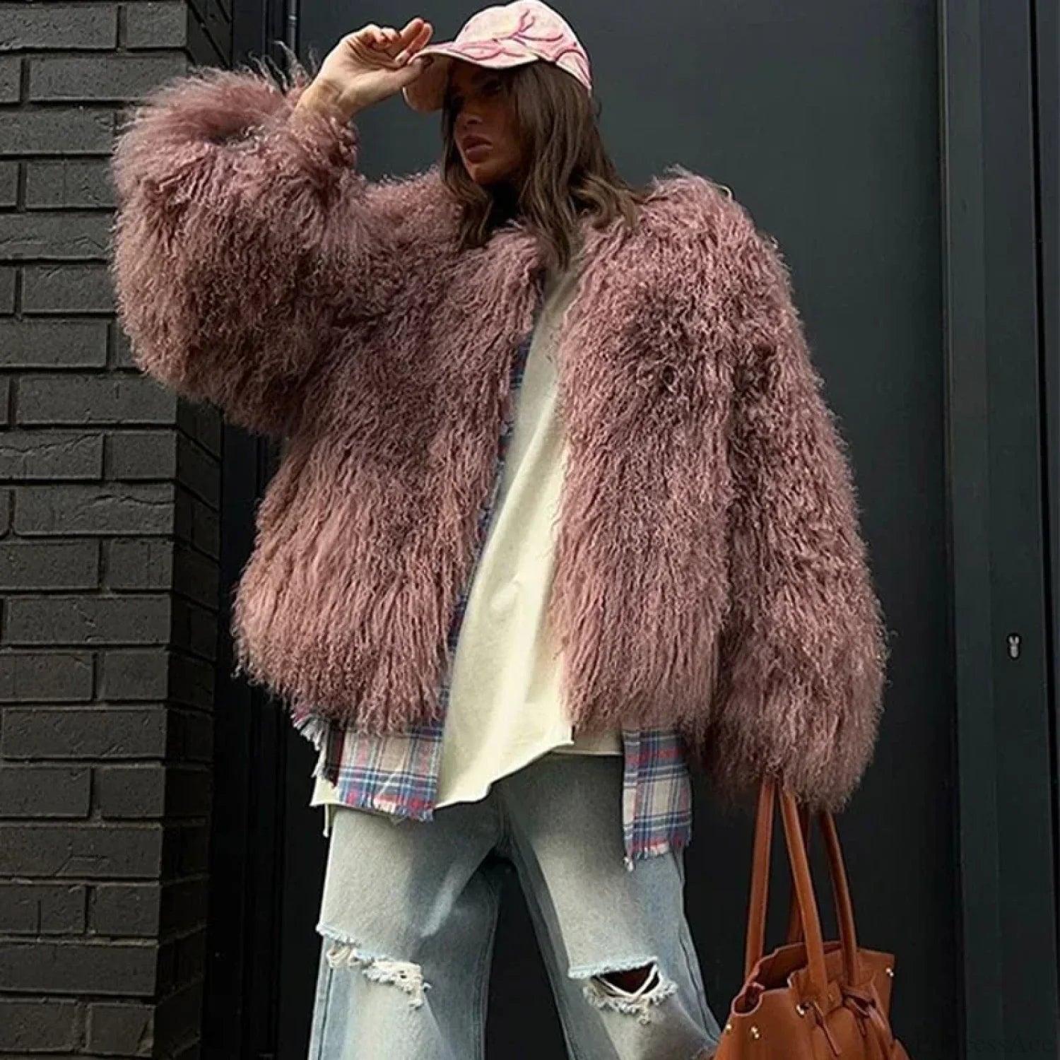 Fluffy Tassel Oversize Long Sleeve Coat Grey powder / S