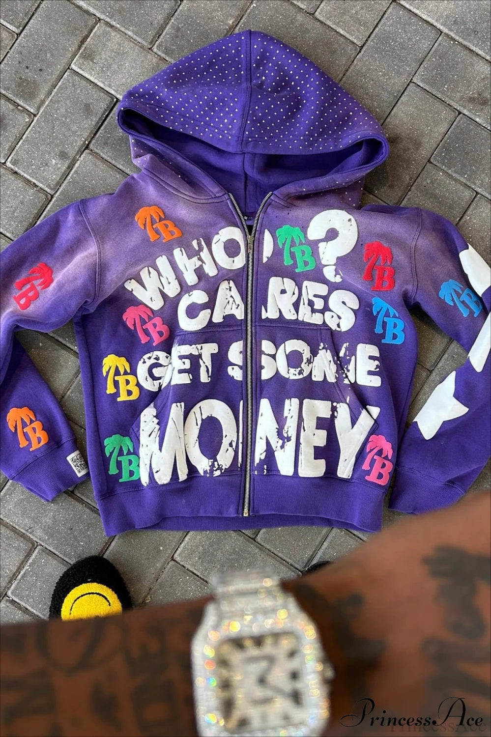 Foam Letter Print Hip-Hop Zip Hoodie Purple / XS
