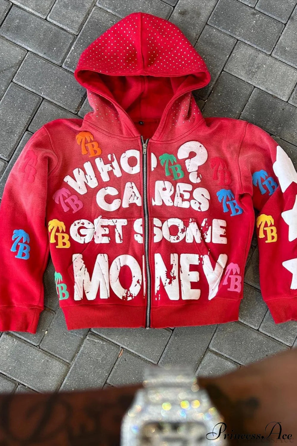 Foam Letter Print Hip-Hop Zip Hoodie Red / XS