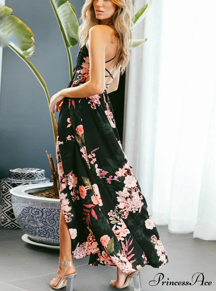 For Flowered Gown Neck V Design Lace Full-Length Up Women M / Black Dresses