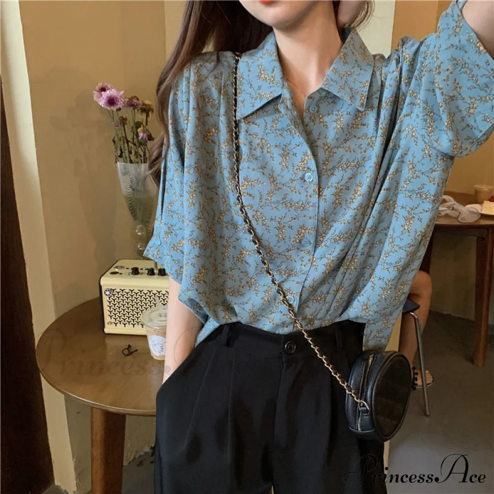 For Sleeves And Chiffon Down Vintage Blouse Flowered Neckline Brief Design Turn With - Women Mixed