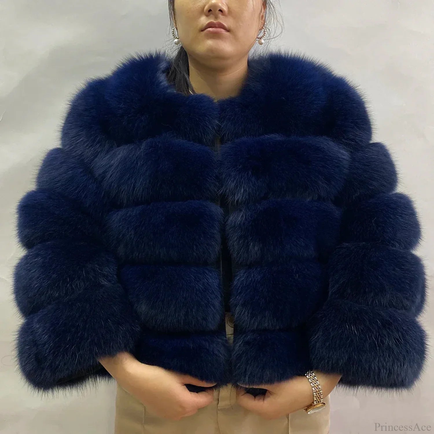 Fox Fur Winter Cold Weather Coat NAVY BLUE / S