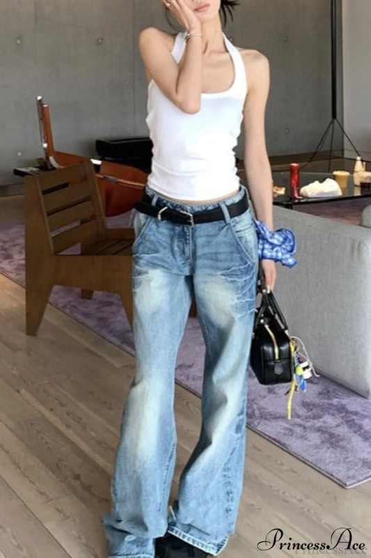 Frayed Whisker Vintage Relaxed Straight Jeans Blue / XS