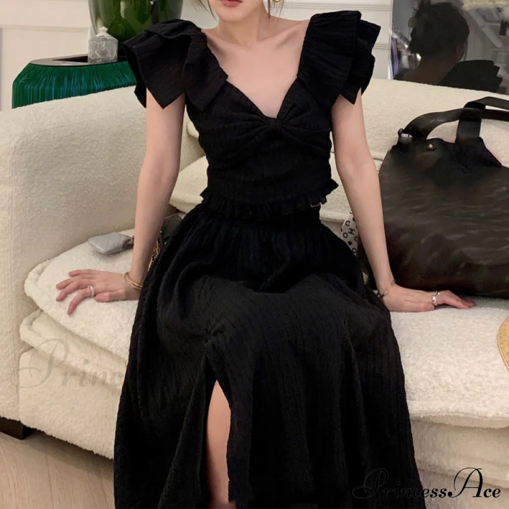 French Retro Twopiece Dress With Bow M / White White Slit Maxi Dress