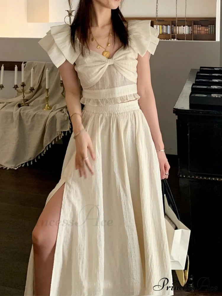 French Retro Twopiece Dress With Bow S / White White Slit Maxi Dress