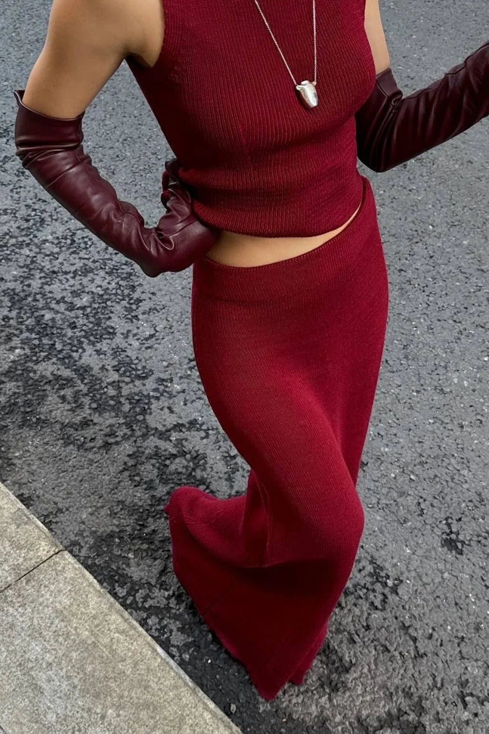 French-Style Sleeveless Turtleneck Cotton Wool Blend Two Piece Set Red / S